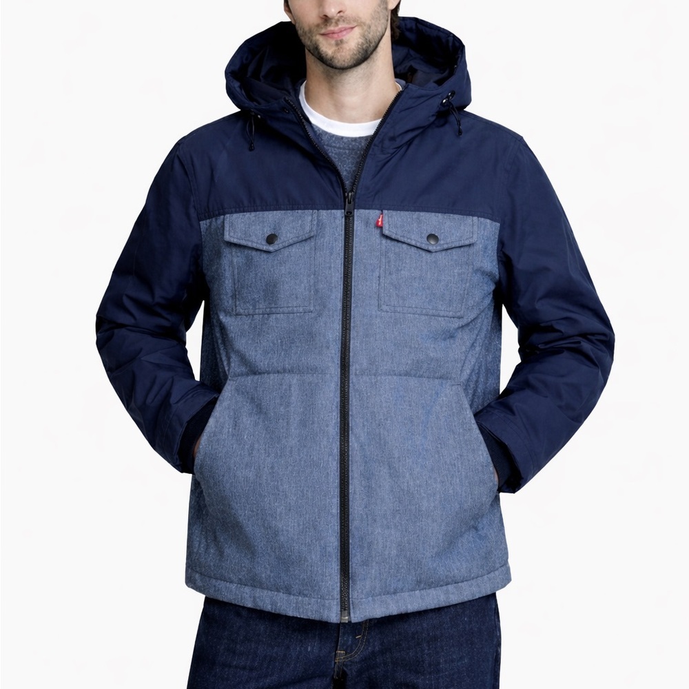 NWT Levi’s Denim Zip Windshield Puff Hoodie Jacket Jeans Blue XL​